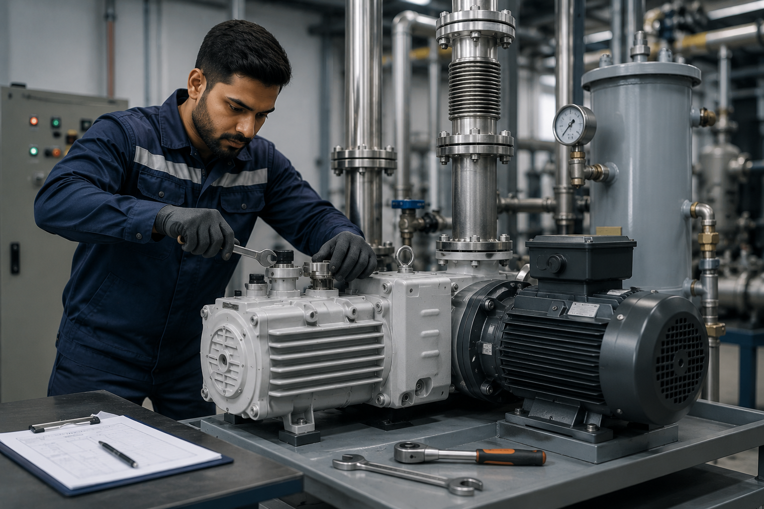 Technician performing maintenance on vacuum equipment